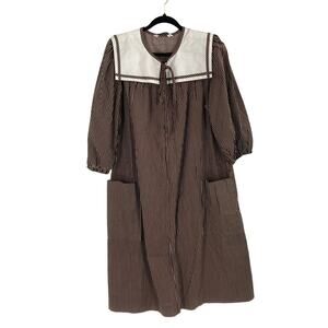 Vintage 70s Models Coat Brown Striped Cottage Country Midi Cotton Dress Size Lg